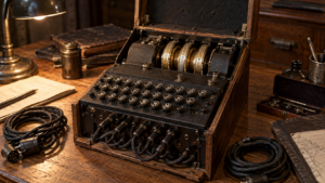 Machine Enigma à trois rotors ouverte sur un bureau en bois, rotors de laiton apparents et câbles enroulés à côté.