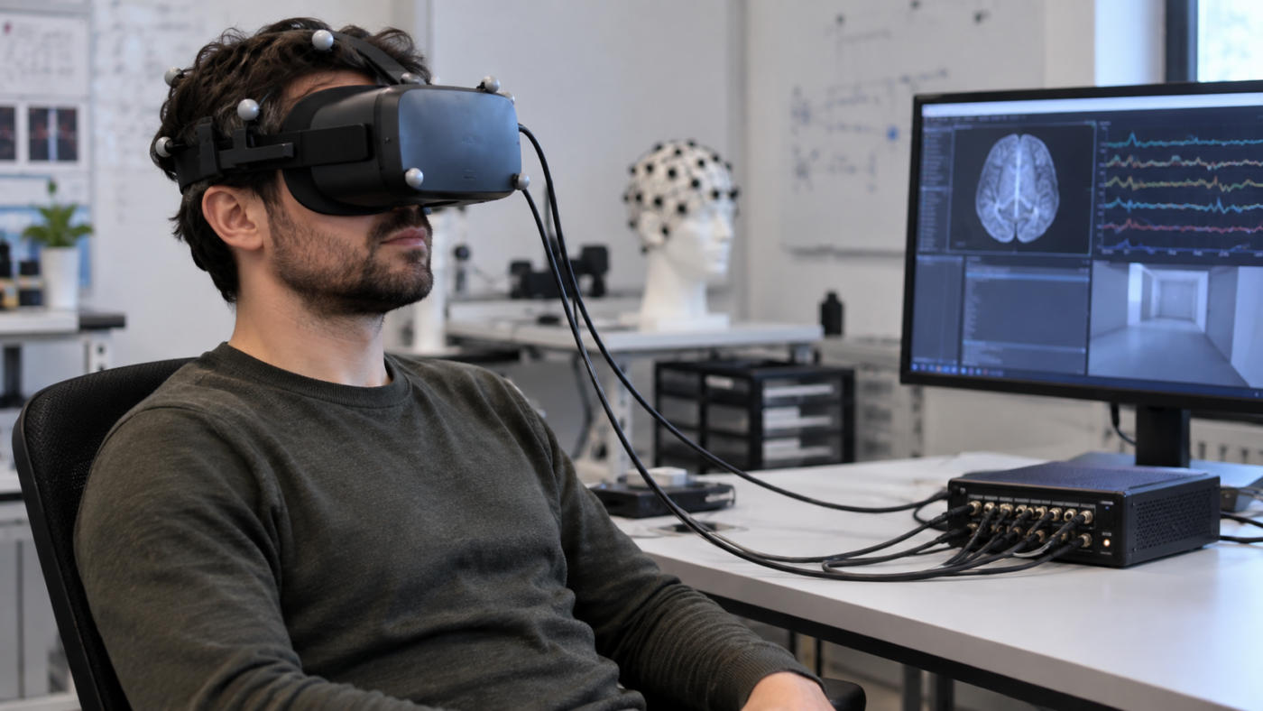 Une personne assise porte un casque de réalité virtuelle sur lequel sont fixés des capteurs reliés par des câbles à un boîtier posé sur un bureau.