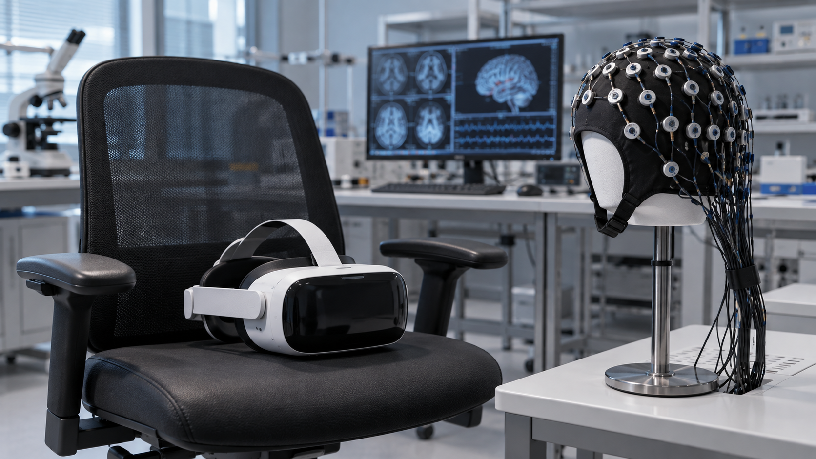 Un casque de réalité virtuelle posé sur un siège de laboratoire vide, à côté d’un bonnet à électrodes sur un support.