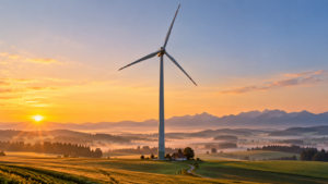 Une éolienne géante domine des champs vallonnés de Bavière au lever du jour, une ferme minuscule au pied du mât.