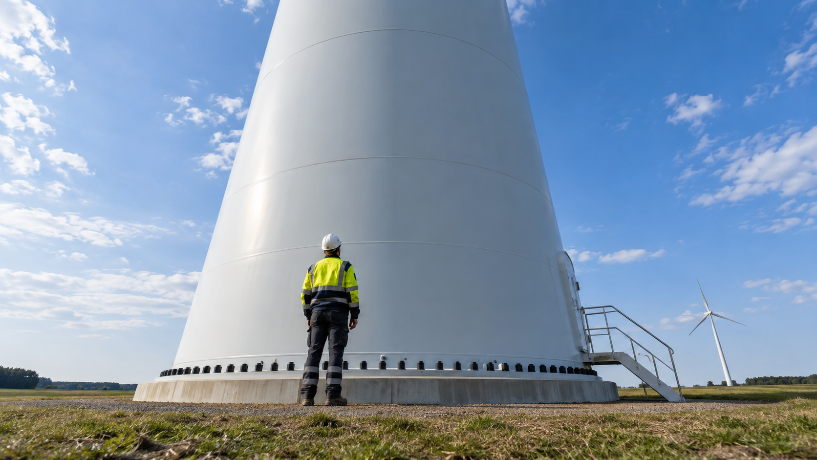 Au pied d’un mât d’éolienne, une silhouette de technicien vue de dos donne l’échelle du diamètre.