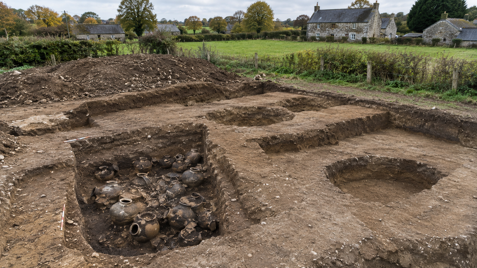 Vue en plongée d’un chantier de fouille rural, fosses d’extraction d’argile et fosse comblée de pots déformés.
