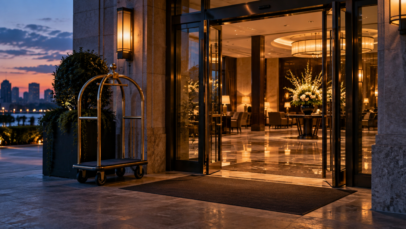 Entrée d’hôtel au crépuscule, porte vitrée automatique ouverte sur un hall vide, chariot à bagages en laiton laissé de côté.
