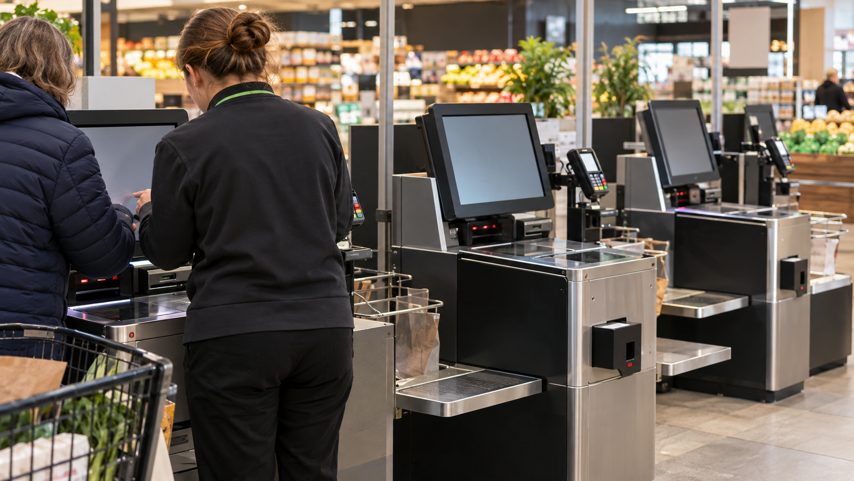 Rangée de caisses automatiques dans un supermarché, une employée vue de dos aide un client devant une borne.