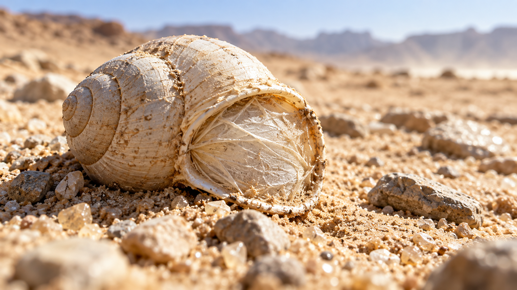 Coquille d’escargot du désert, claire et à demi enfoncée dans le sable brûlant, ouverture fermée par une fine membrane blanchâtre séchée.