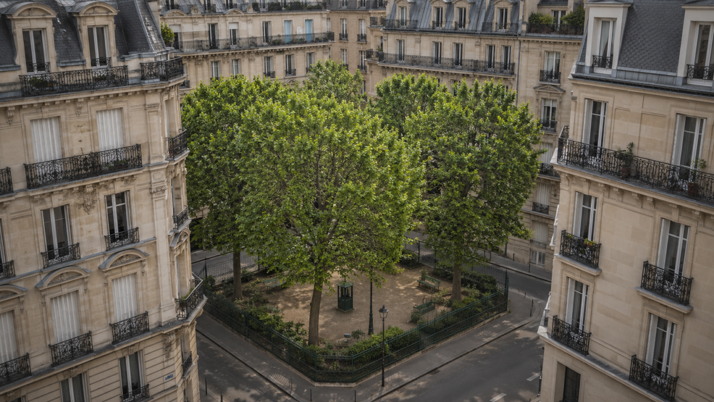 Un square minuscule bordé de quatre platanes et d’une grille verte, enserré de tous côtés par de hauts immeubles haussmanniens.