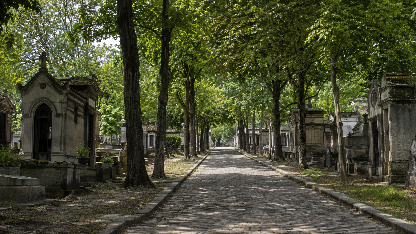 Une allée pavée bordée de tombes anciennes et d’arbres adultes dans un grand cimetière parisien du XIXe siècle.