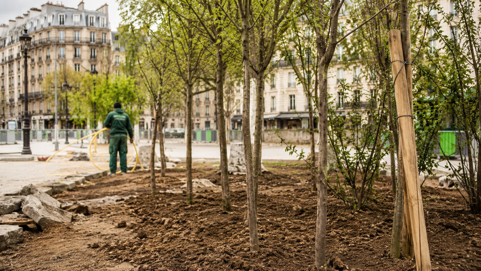 De jeunes arbres serrés plantés dans la terre retournée d’une ancienne place bitumée, un jardinier municipal de dos enroulant un tuyau.