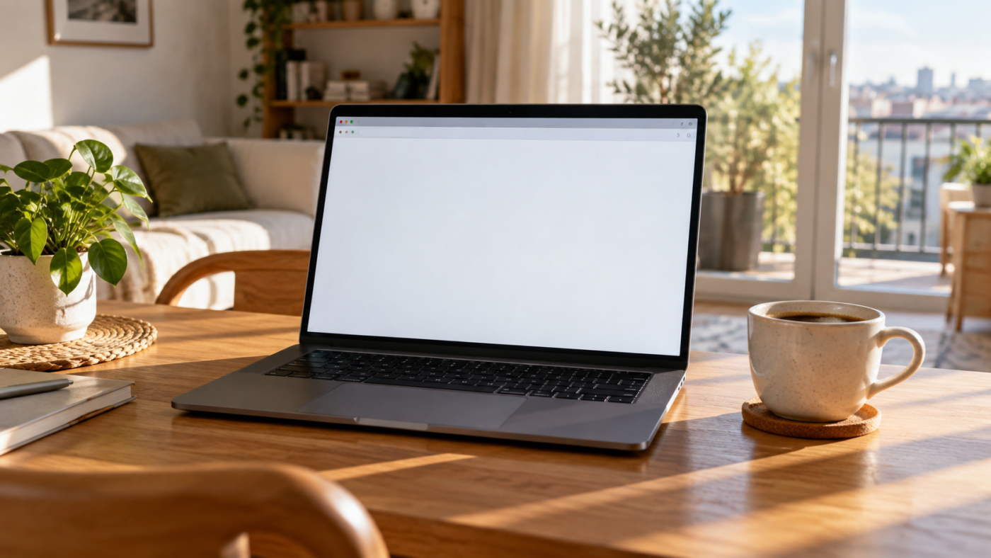 Écran d'ordinateur portable affichant une page de navigateur vide dans un appartement ensoleillé, une tasse de café posée à côté.