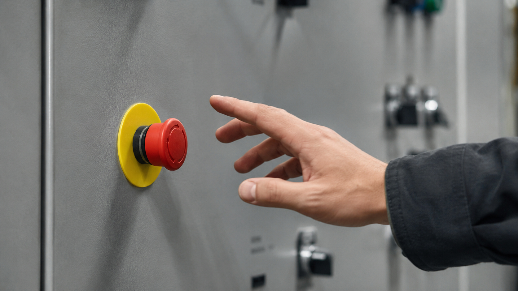 Une main s’approche d’un gros bouton d’arrêt d’urgence rouge fixé sur un panneau de commande gris.