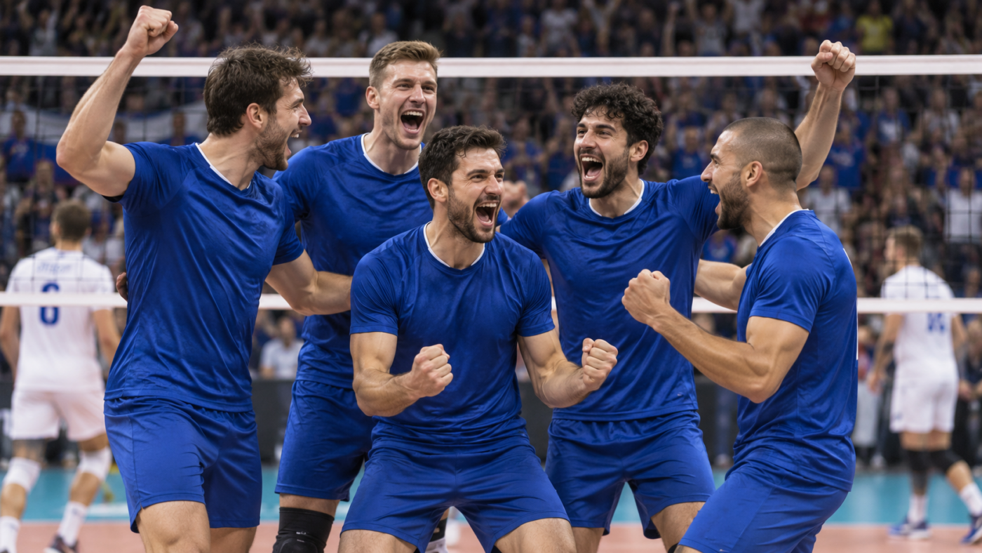 Des joueurs en maillot bleu lèvent les bras près du filet dans une salle de volley comble.