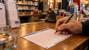 Une main tient un stylo au-dessus d’une grille de jeu vierge posée sur le comptoir en bois d’un bureau de tabac.