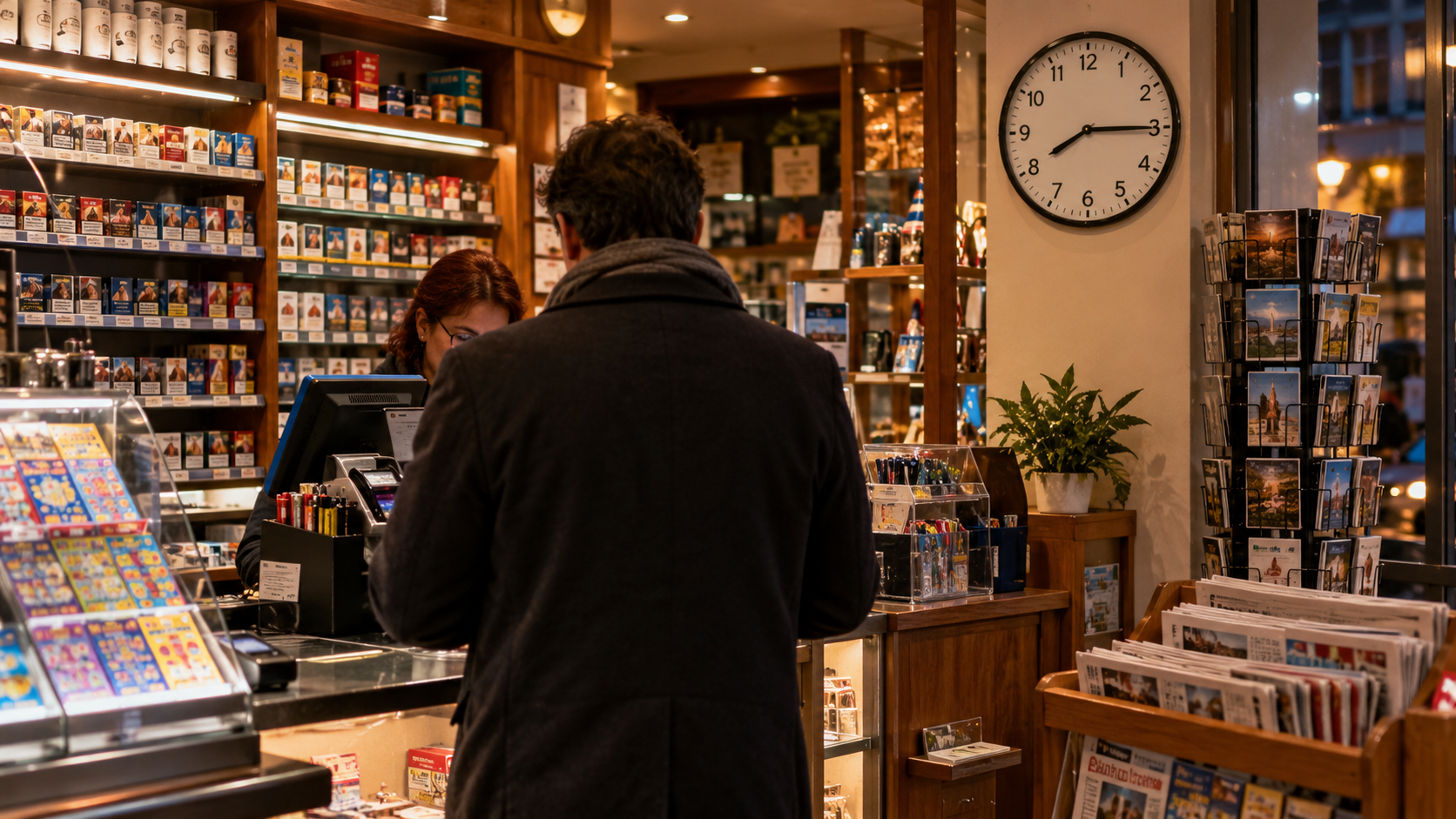 Une horloge murale marque 20h15 au-dessus du comptoir d’un bureau de tabac, un client de dos devant la caisse.