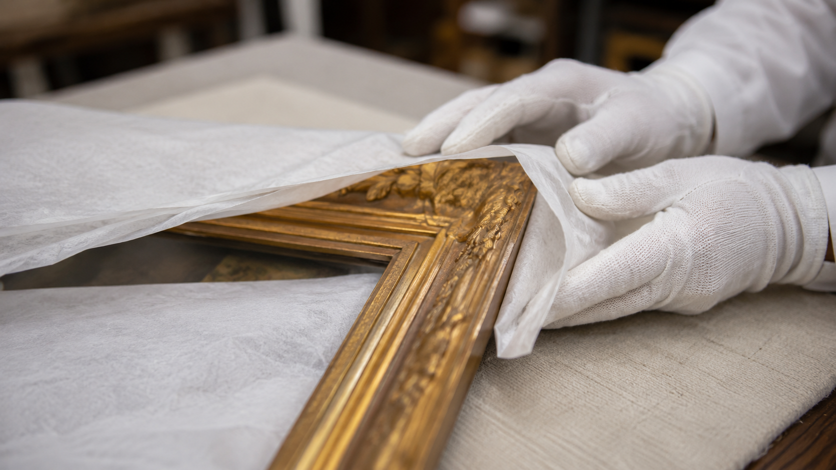 Mains gantées de blanc tenant l’angle d’un cadre doré enveloppé de papier de soie, sur une table capitonnée d’atelier de musée.