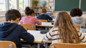 Des élèves d’école élémentaire vus de dos, penchés sur leur cahier d’évaluation posé sur la table.