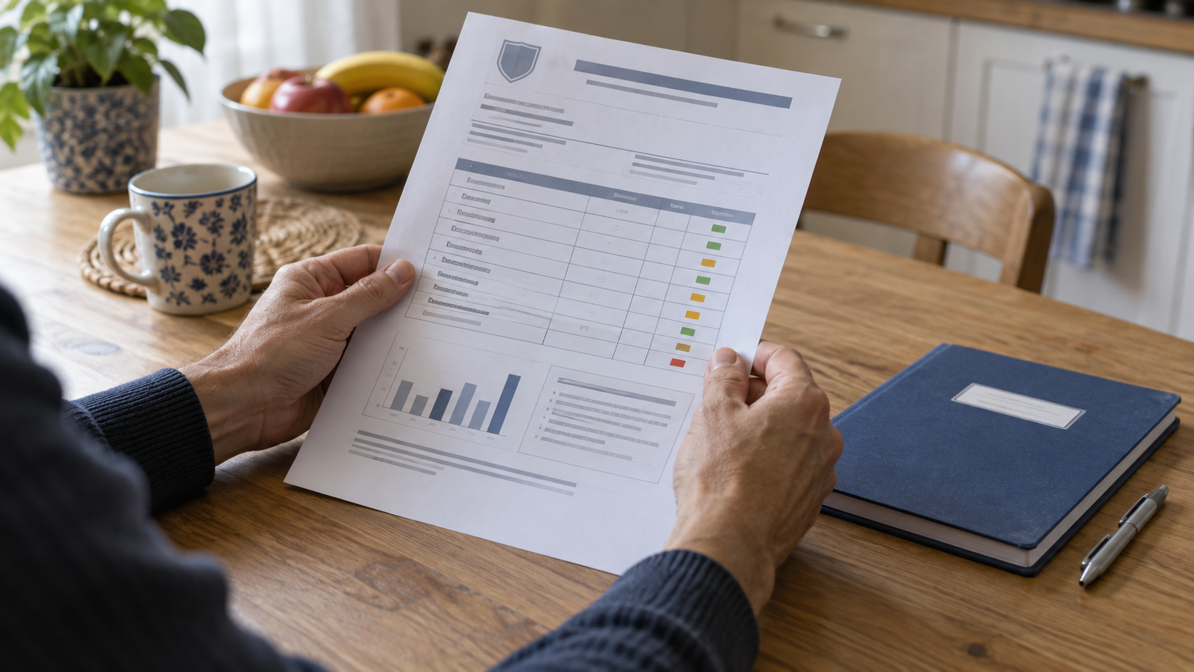Mains d’adulte tenant une fiche de résultats imprimée au-dessus d’une table de cuisine, un cahier fermé à côté.