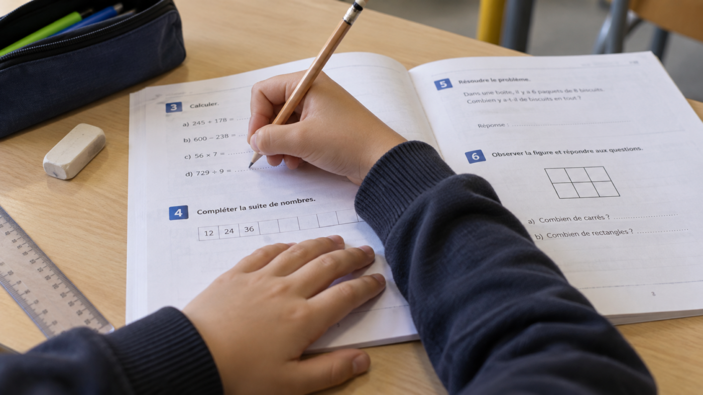 Livret d’exercices ouvert sur une table de classe, mains d’enfant tenant un crayon, sans visage visible