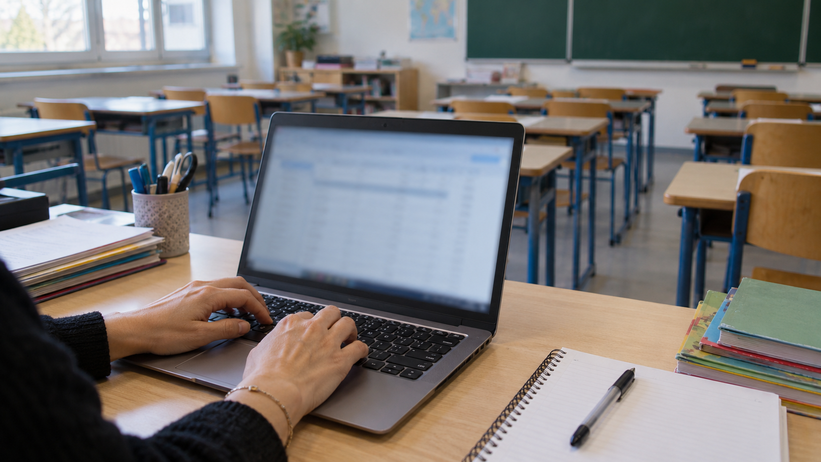 Mains d’un enseignant saisissant des résultats sur un ordinateur portable dans une classe vide, écran illisible