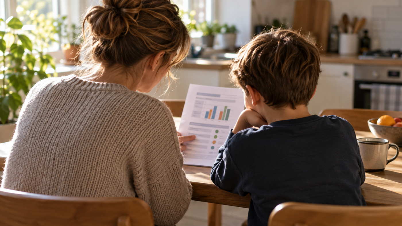 Un adulte et un enfant vus de dos, penchés sur une feuille imprimée posée sur la table de la cuisine.