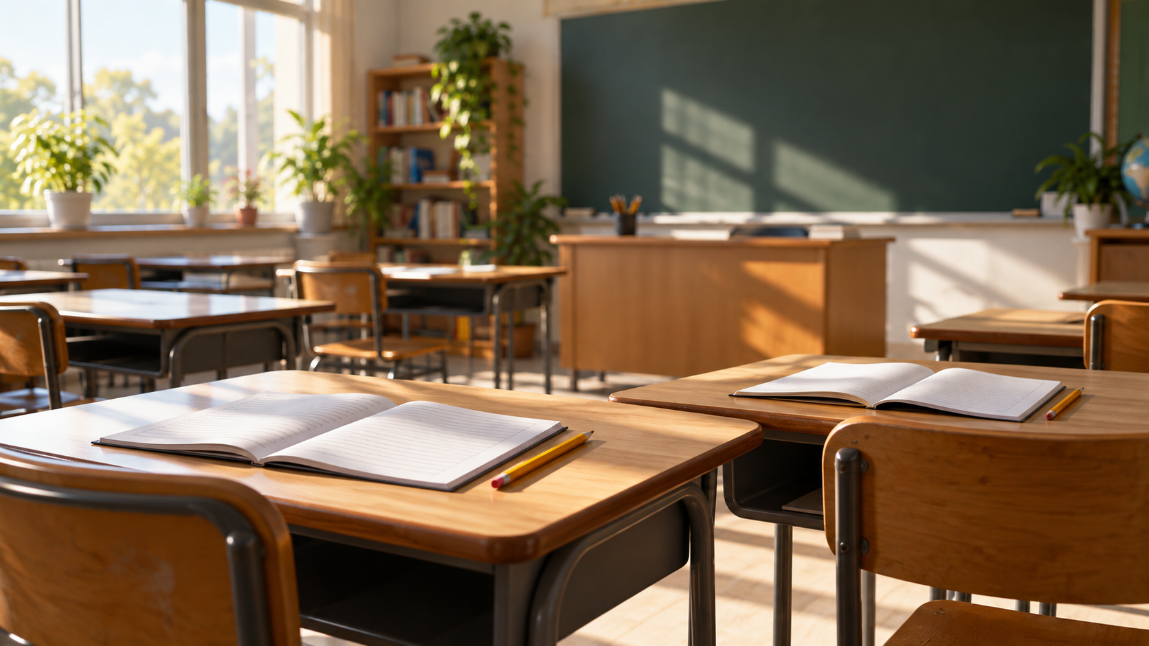 Une salle de classe vide au petit matin, deux tables avec un cahier ouvert et un crayon.