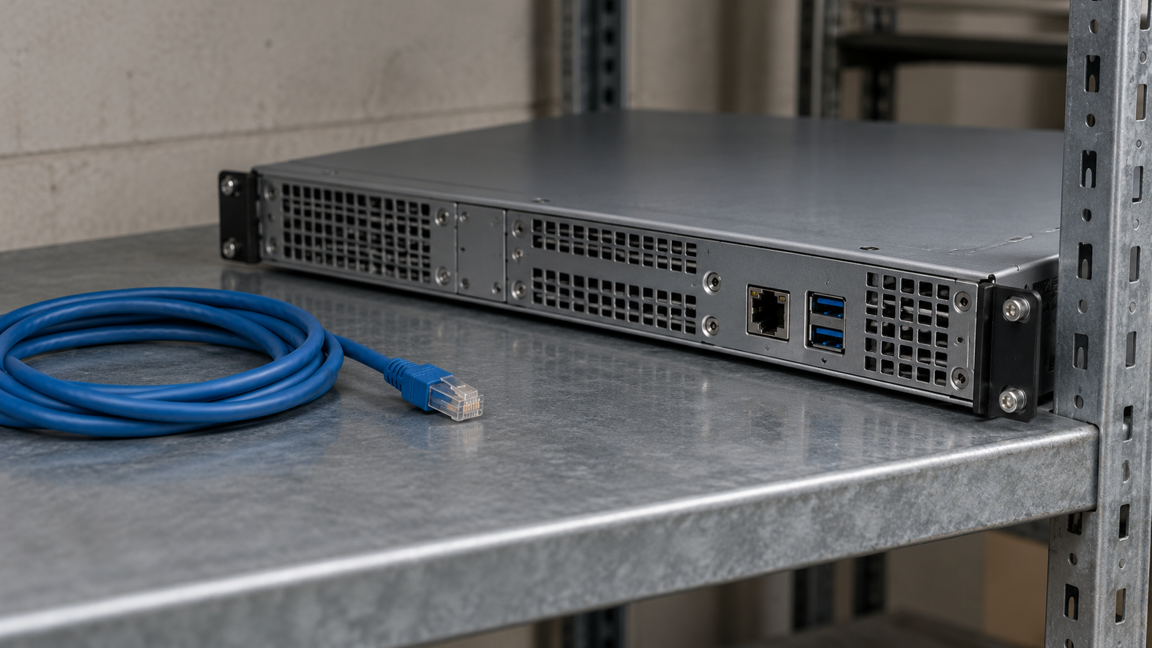 Un petit serveur gris posé sur une étagère métallique, son port réseau vide, un câble Ethernet enroulé et débranché à côté.