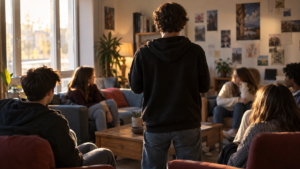Un adolescent vu de dos parle debout devant un groupe assis dans une salle commune d’internat.