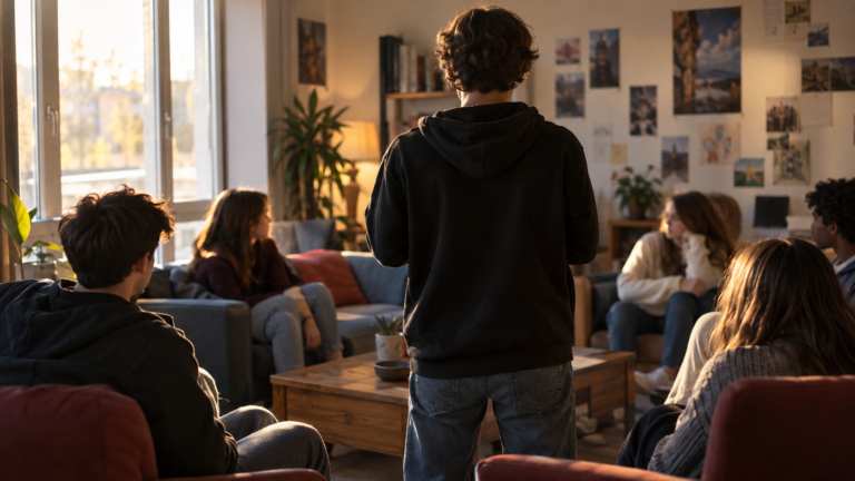 Un adolescent vu de dos parle debout devant un groupe assis dans une salle commune d’internat.
