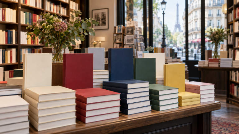 Table de nouveautés dans une librairie parisienne, piles de romans neufs aux couvertures unies sous la lumière du matin.