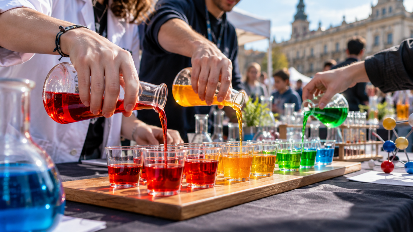 Des mains versent un liquide coloré dans des verres de dégustation sur un stand de médiation scientifique installé sur une place.