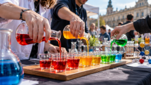Des mains versent un liquide coloré dans des verres de dégustation sur un stand de médiation scientifique installé sur une place.