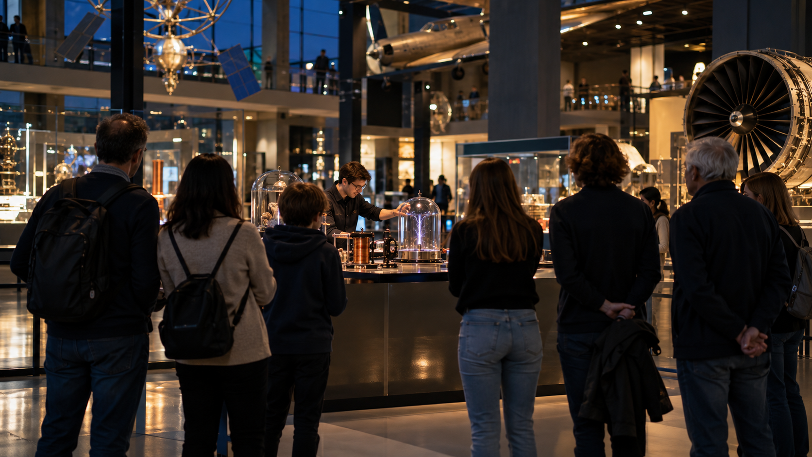 Des visiteurs de dos autour d’une table d’expérience dans une galerie de musée technique éclairée le soir.