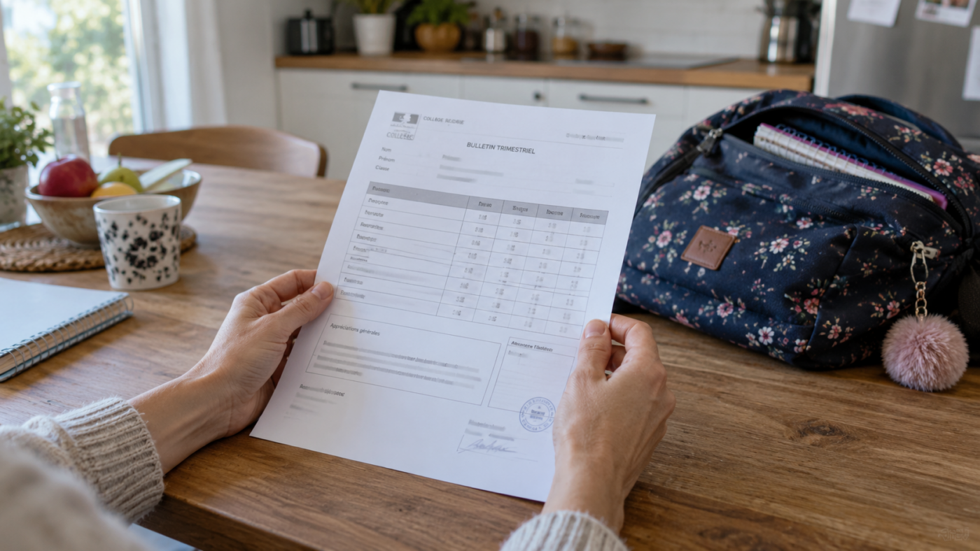 Les mains d’un parent tiennent une feuille de résultats scolaires imprimée, posée sur une table de cuisine à côté d’un cartable d’enfant.