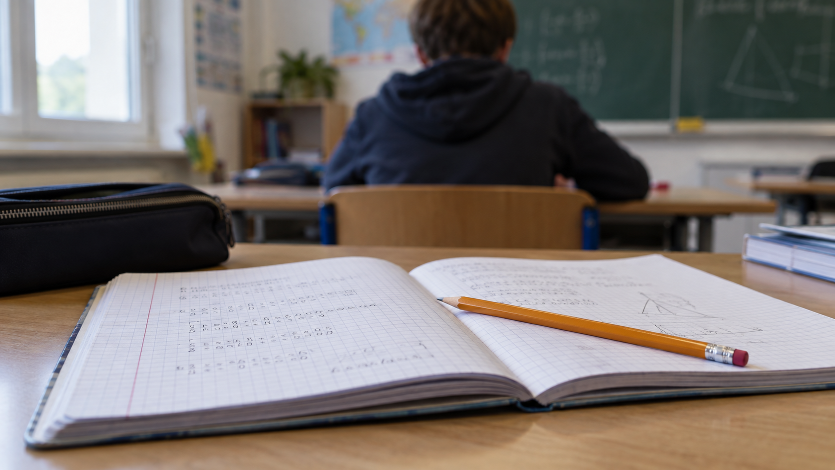 Un cahier d’évaluation ouvert sur un pupitre d’école, un crayon posé en travers de la page, un élève de dos et flou à l’arrière-plan.