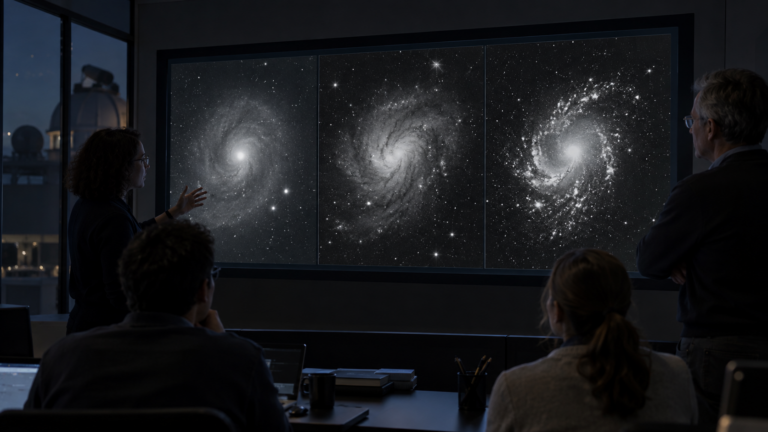 Trois poses astronomiques en niveaux de gris du même objet, affichées côte à côte sur un large écran, dans une salle sombre.