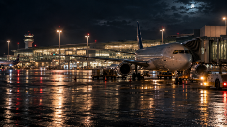 Piste d'aéroport éclairée en pleine nuit, un avion immobile au contact, terminal allumé en arrière-plan