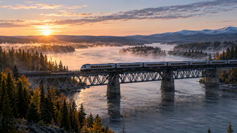 Un train de voyageurs franchit un pont ferroviaire métallique au-dessus d'une large rivière nordique, à l'aube.
