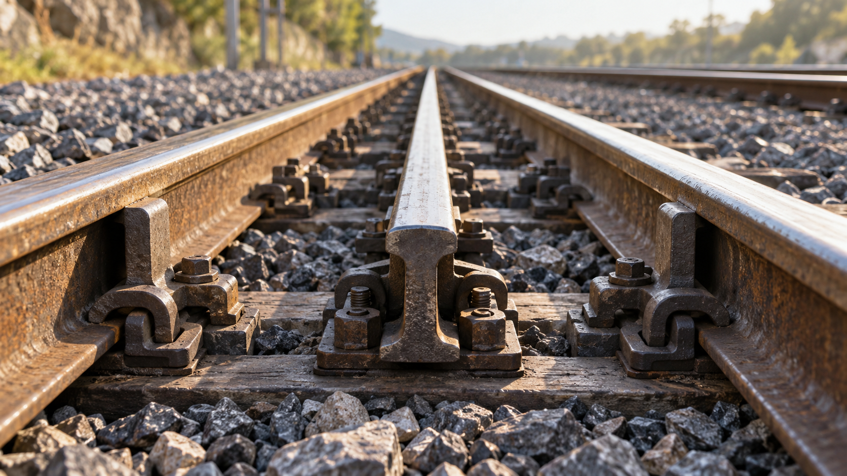 Gros plan sur une voie ferrée à trois files de rails, qui permet le passage de deux écartements différents.