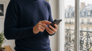 Deux mains tiennent un smartphone près d’une fenêtre, dans un appartement parisien lumineux.