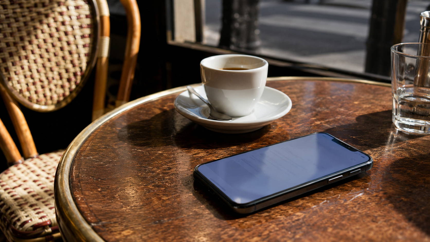 Un smartphone posé sur une table de café en bois, à côté d’une tasse d’espresso.