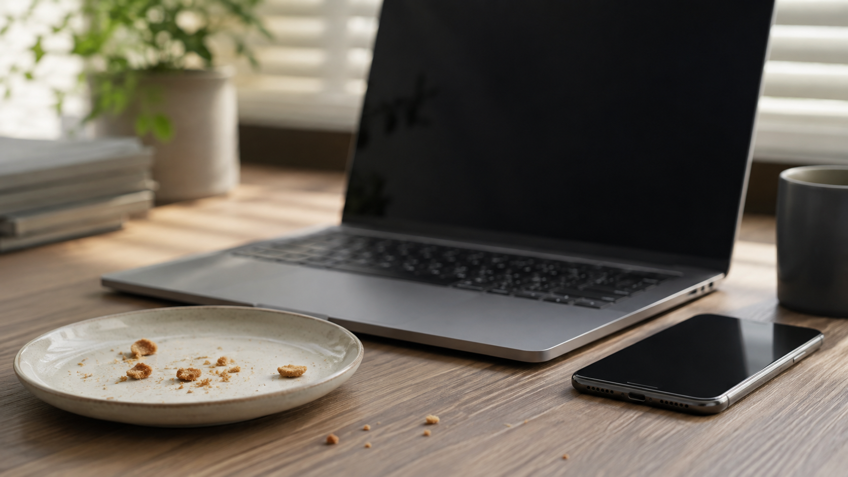 Un ordinateur portable et un smartphone posés côte à côte sur un bureau, à la lumière du jour.