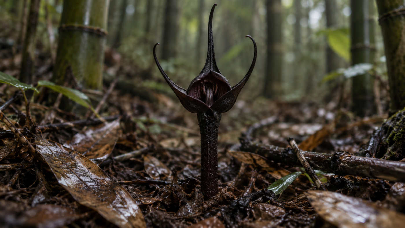 Petite fleur presque noire à trois appendices en forme de cornes, dressée dans la litière humide d'une forêt de bambous