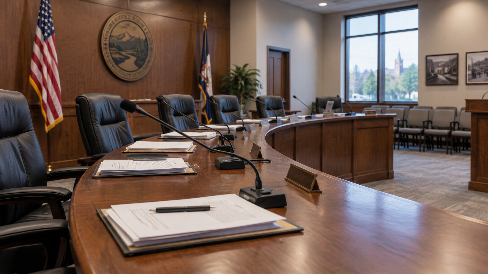 Salle de conseil municipal américaine vide, micros et dossiers posés sur la table.