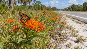 Bas-côté sableux d’une route de Floride planté d’asclépiades en fleur, un monarque posé sur une ombelle orange.