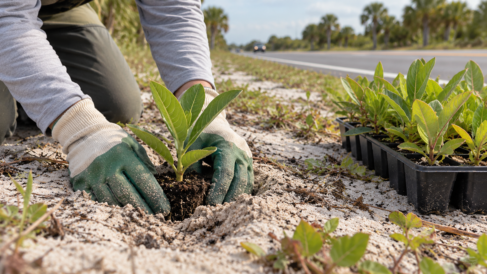 Mains gantées installant un jeune plant d’asclépiade dans le sable d’un accotement, à côté d’une caissette de plants.