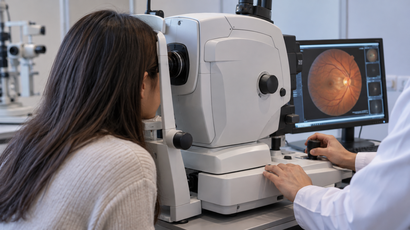 Un patient pose le menton sur l'appui d'un rétinographe, vu de côté et de dos, sans visage identifiable.