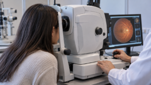 Un patient pose le menton sur l'appui d'un rétinographe, vu de côté et de dos, sans visage identifiable.