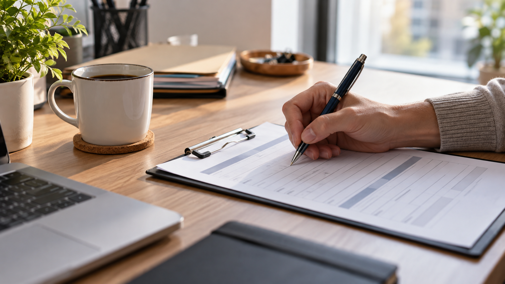 Une main remplit un court formulaire administratif posé sur un coin de bureau, stylo et tasse à côté.