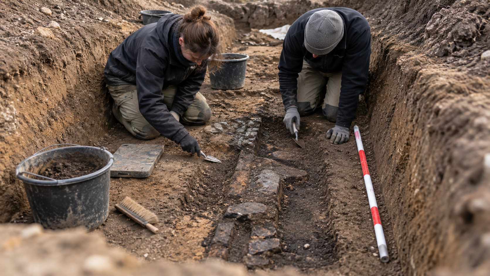 Deux archéologues agenouillés dans une tranchée étroite nettoient une structure sombre à la truelle, jalon métrique posé à côté.