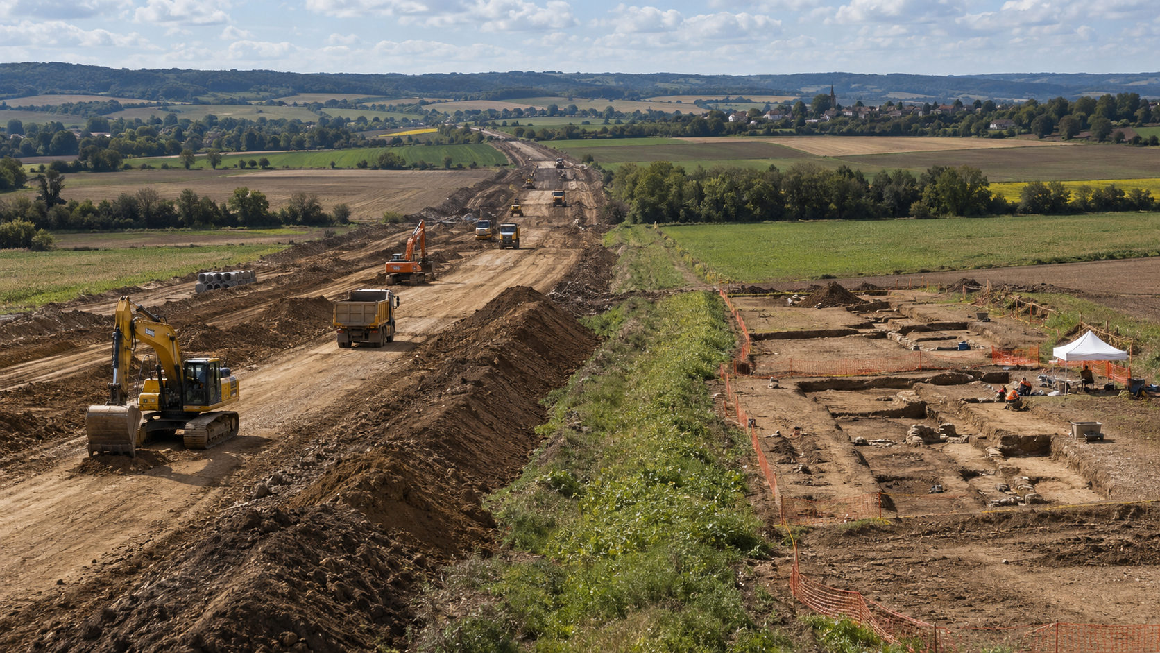 Long corridor de travaux traversant des champs, engins de terrassement alignés et zone d’investigation balisée sur le côté.