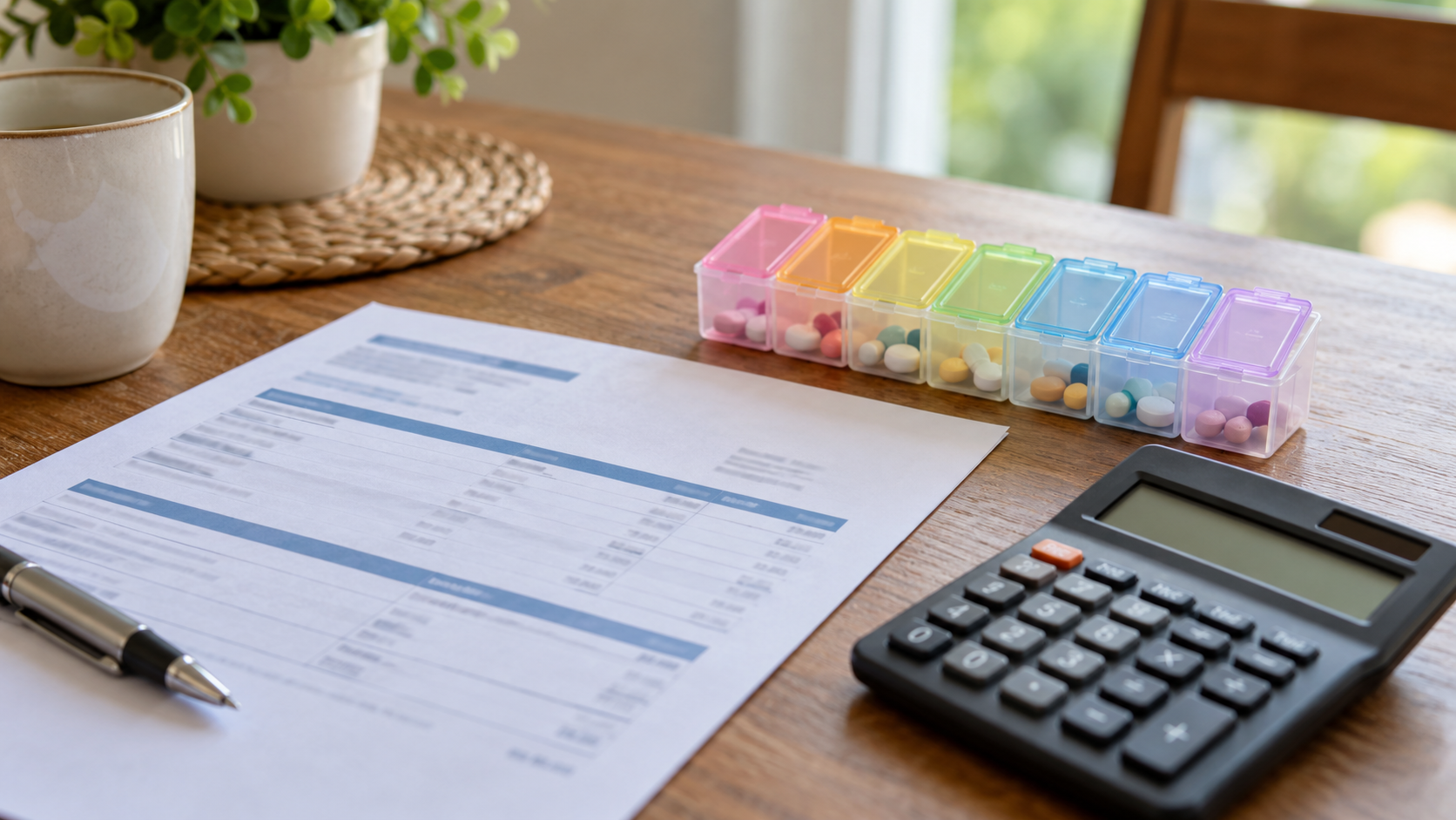Un relevé de remboursements, un pilulier de la semaine et une calculatrice posés sur une table.